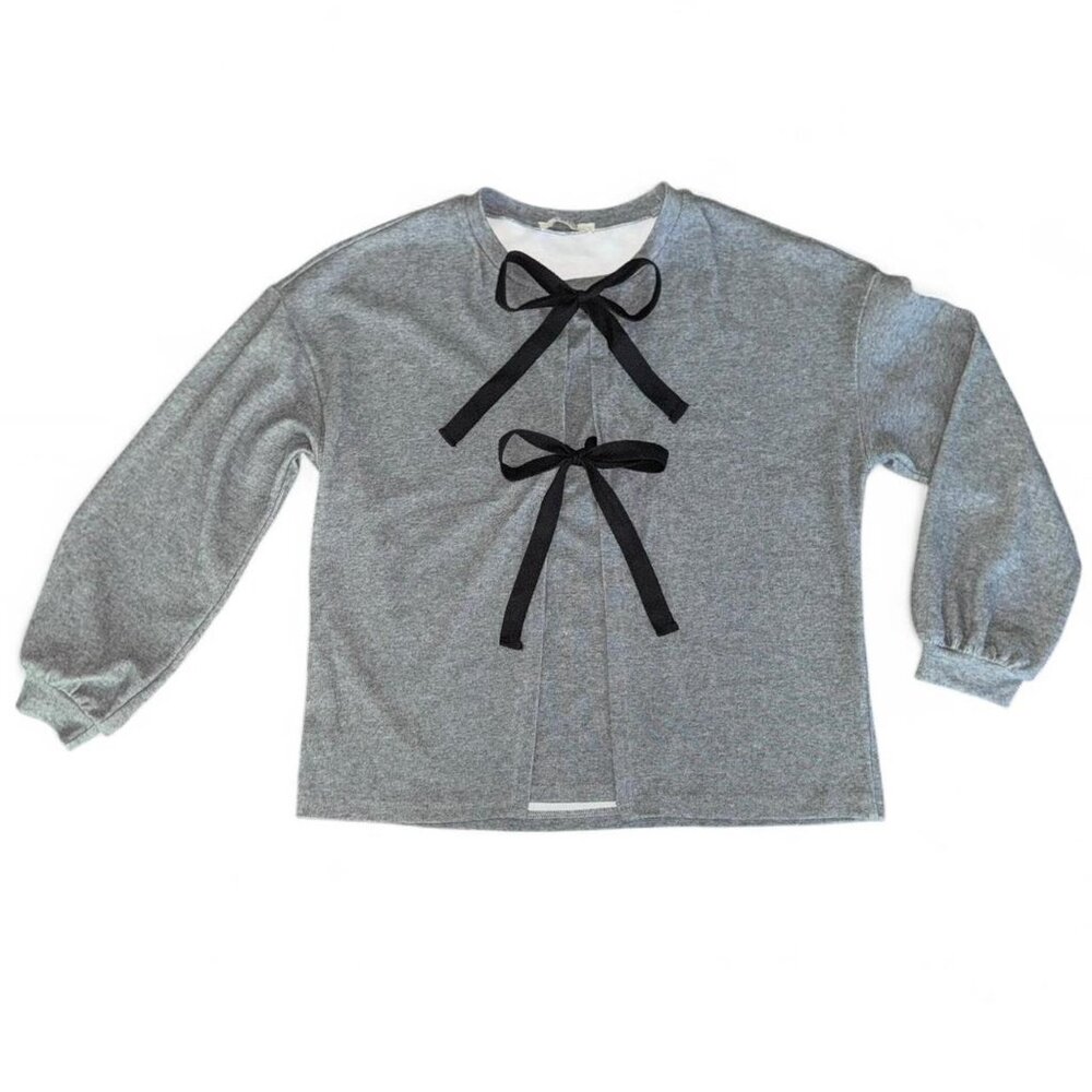 Vivilli Grey and Black Bow Tie Front Oversized Comfy Long Sleeve Blouse Medium